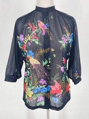 Vintage 80s Teddi of California Bird of Paradise Sheer Blouse Mandarin Collar L